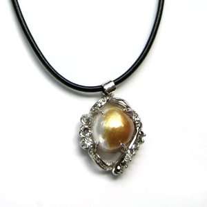   Cultured Gold Coated Pearl Pendant and Leather Chain Necklace Jewelry