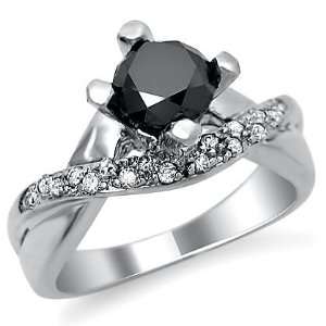   60ct Black Round Diamond Engagement Ring 14k White Gold Vintage Style