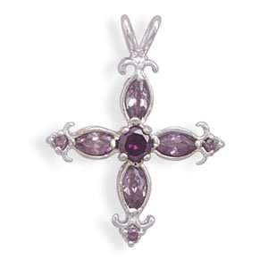  Sterling Silver Marquise Purple Crystal Cross Pendant 