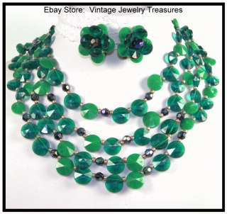  Irish Green Faceted Lucite Bib Gold Necklace & Clip Earring Set  