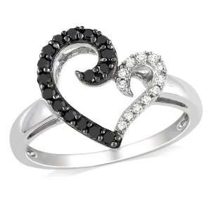 Sterling Silver 1/4 CT TDW Black and White Diamond Heart Ring (G H, I3 