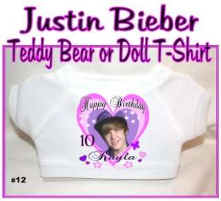 Justin Bieber Happy Birthday Teddy Bear or Doll T Shirt Personalized 