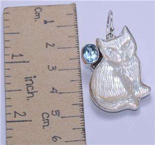 Cat Pearl Shell Blue Topaz Sterling Silver 925 Earrings L3953  