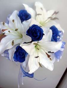   Wedding Bouquet, Real Touch Ivory Lillies Silk Royal Blue Roses  