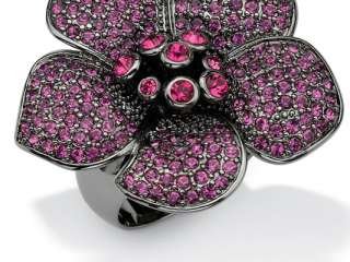 Pave Of Purple Round Crystals On Black Ruthenium Flower Ring  
