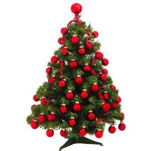   Fir Pre Decorated Table Top Tree, 35 Clear Lamps, Red Ornaments