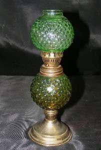 Vintage Green Glass Hobnail & Brass Pedestal Miniature Oil Lamp w 