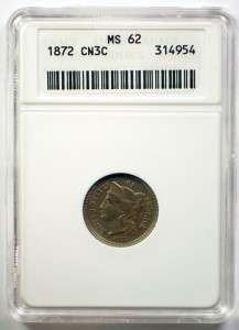 1872 Three Cent Copper Nickel ANACS MS 62  