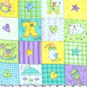 44 Wide Flannel Ador label Blocks Blue Fabric By The 
