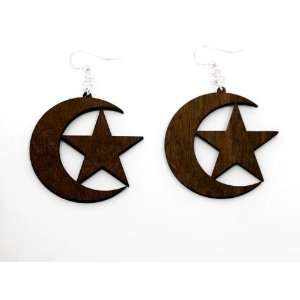  Brown Star and Crescent Islam Symbol Wooden Earrings GTJ 