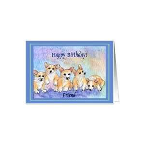 happy birthday friend, corgi puppies, blue border Card 