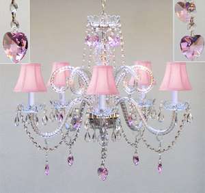 CHANDELIER LIGHTING W/ CRYSTAL PINK SHADES & HEARTS  