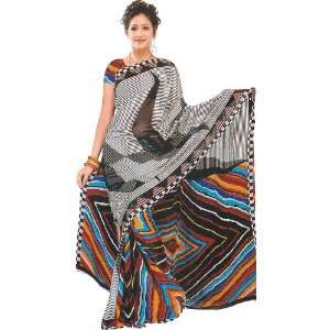  Gray Printed Sari with Mokaish Work   Chiffon Everything 