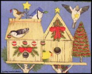 Christmas Birds Birdhouses Fabric Blocks Panel 23x 44  