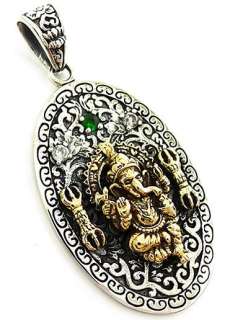 GOLD GANESH HINDU LORD 925 STERLING SILVER OVAL PENDANT  