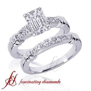  1.35 Ct Emerald Cut Diamond Wedding Rings Pave Set 14K SI1 
