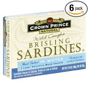 Crown Prince Bristling Sardines, Spring Water, 3.7500 ounces (Pack of6 