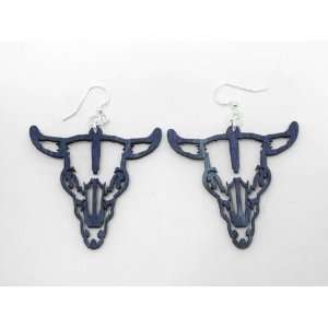  Evening Blue Steer Skull Wooden Earrings GTJ Jewelry