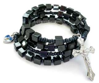 Black Hematite Coil Wrap Rosary Bracelet Wrist Cuff  