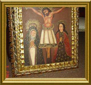 ANTIQUE COLONIAL *CUZCO* C.1870 RELIGIOUS PAINTING CHRIST ON THE 