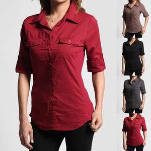   Pocket Rolled Sleeve Ribbed Panel SHIRTS Button Down Slim Blouse Top