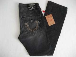 TRUE RELIGION Jeans Mens RICKY Nickel Stud 33 Straight Black / Gray 