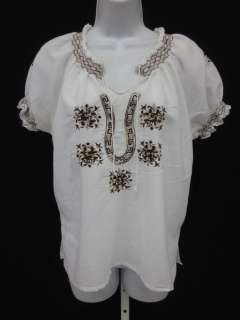 DESIGNER White Brown Embroidered Peasant Shirt Top Sz S  