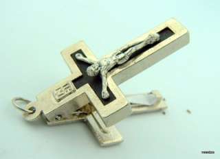 ROMA Relic Jesus Cross Crucifix Silver Plate W Black Enamel Made In 