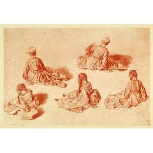  1895 Print Jean Antoine Watteau Sketch Art Seated Women 
