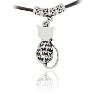18 Inch Hollow Out Kitty Pendant Braided Layered Leather Cord Necklace 