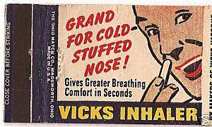 OLD Matchbook Cover ad VICKS Inhaler & Cough Drops  