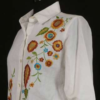 Norm Thompson White Floral Embroidered LS Linen Cotton Button Shirt 