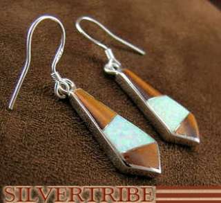Silver Tiger Eye & Created Opal Hook Dangle Earrings  