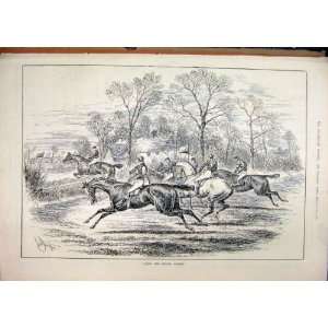 1884 Horses Racing Jumping Fence Jockey Country Scene:  