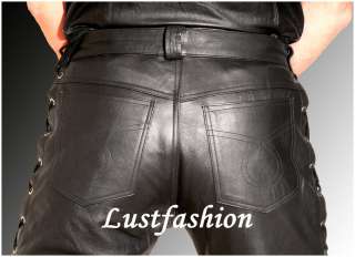 mens leather pants black / leather trousers lacets NEW  