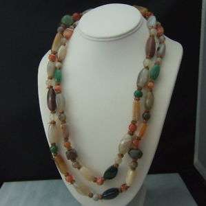 50 Long Vintage Polished Agate Hand Knotted Necklace  