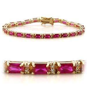 Womens 7 Inch Gold Plated Tennis Bracelet with Ruby Rectangle Cut 