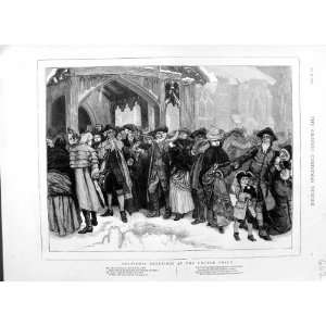  1874 CHRISTMAS CHURCH PORCH PEOPLE CHILDREN SNOW PRINT 