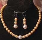 12MM Yellow Sea Shell Pearl Necklace +Earring AAA