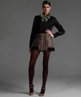 brown metallic tweed plaid wool blend pleated mini skirt  BLUEFLY 