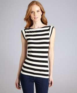 French Connection black and cream striped cap sleeve t shirt