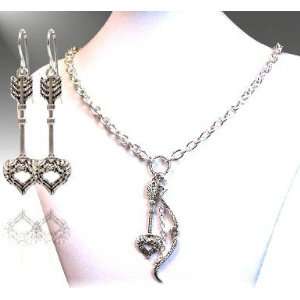 Crystal Heart Bow Arrow Necklace Earring Set Clear Pendant Silver Tone 
