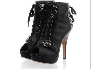   Toe Shoes Winter Lace Ups Military Buckle High Heels boots #56  