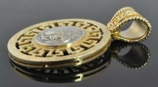   Vintage Two Tone 14K Gold Heavy Medusa Greek Key Medal Slide Pendant