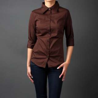 Women 3/4 Sleeve Career Office Skinny Fit Button Down Shirts Blouse sz 
