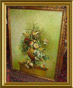 ANTIQUE HUGE Still Life Flowers SIGNED Oil Painting  