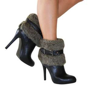   Look Faux Fur Flap Buckle Strap Slip in Heel Ankle Boots Black AllSz