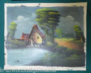 WATER WHEEL HOUSE LANDSCAPE VINTAGE PAINTING ON CANVASS  