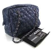 CHANEL Nylon Quilted Tweed on Stitch Zip Tote Blue