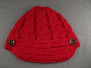 Red cable knit button ski brim hat cap beanie winter  